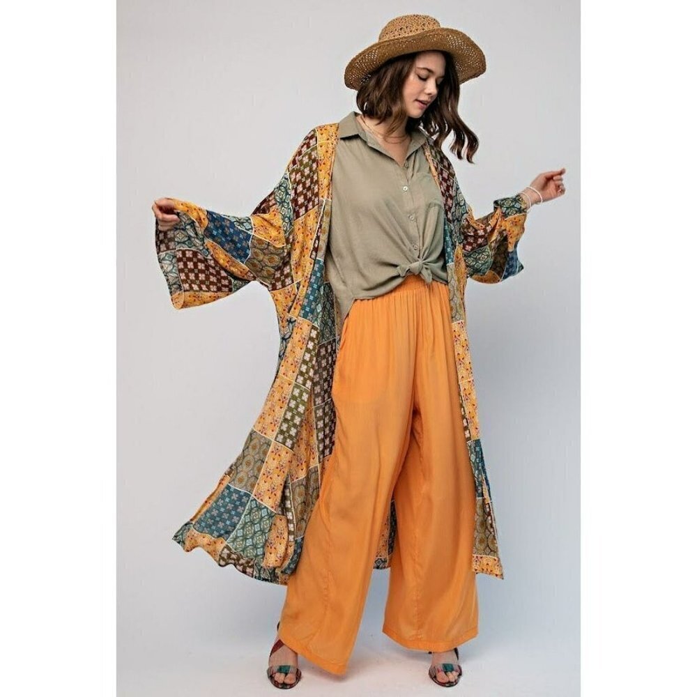 Artful Allure Patchwork Print Gauze Maxi Kimono